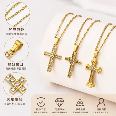 Stainless steel diamond heart-shaped three-dimensional cross necklace, a versatile and fashionable daily commuting pendant necklace Stainless steel diamond heart-shaped three-dimensional cross necklace, a versatile and fashionable daily commuting pendant necklace